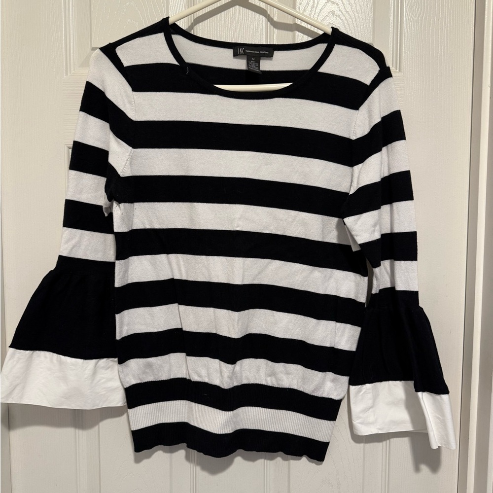 INC International Concepts Black and White Bell Sleeve Blouse